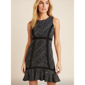 Anthropologie Tabitha Sleeveless Knit Woven Geometric Flounce Black Dress 6